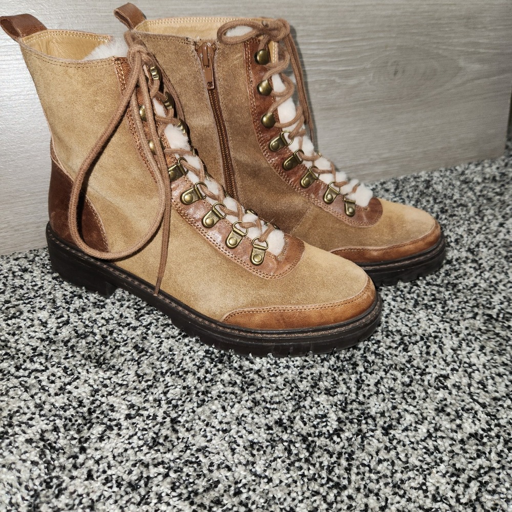 Lucky Brand Ilianna Cedar Brown Suede Fur Lined Wool Combat Lace Up Boots Sz 6.5